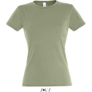 A fitted women's T-shirt in olive green, made from 100% semi-combed ring spun cotton, featuring a logo.