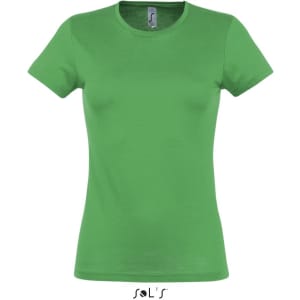 A fitted women's T-shirt in bright green, made from 100% semi-combed ring spun cotton, featuring a logo.