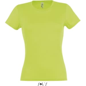 A women's fitted T-shirt in vibrant lime green, made from 100% semi-combed ring spun cotton. Features a logo.