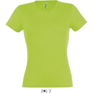 A women's fitted T-shirt in vibrant lime green, made from 100% semi-combed ring-spun cotton, featuring a logo.