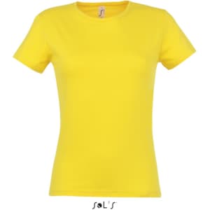 A yellow women's fitted T-shirt made from 100% semi-combed ring spun cotton, featuring a logo.
