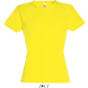 A women's fitted yellow T-shirt made from 100% semi-combed ring spun cotton, featuring a logo.