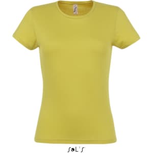 A women's fitted t-shirt in bright yellow, made from 100% semi-combed ring spun cotton, featuring a small logo.