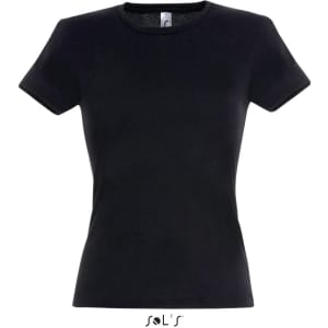 A women's fitted T-shirt in black, made from 100% semi combed ring spun cotton, featuring a logo.
