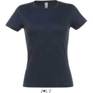 A women's fitted T-shirt in dark navy, made from 100% semi-combed ring-spun cotton. Features a branding logo.