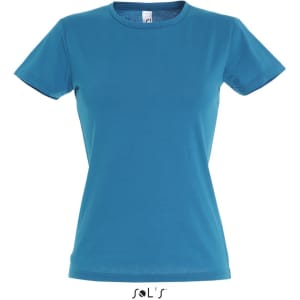 A women's fitted T-shirt in a teal colour, made from 100% semi-combed ring spun cotton, featuring a logo.