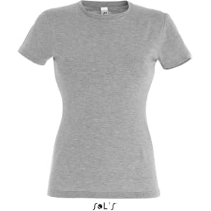 A women's fitted t-shirt in grey, made of 100% semi-combed ring spun cotton, featuring a logo.