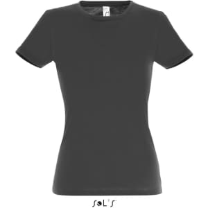 A women's fitted T-shirt in dark grey, made from 100% semi-combed ring spun cotton, featuring a branding label.