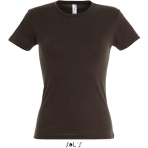 A women's fitted T-shirt in dark brown, made from 100% semi-combed ring-spun cotton, with a logo.