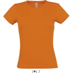 An orange women's fitted T-shirt made from 100% semi-combed ring spun cotton, featuring a logo.