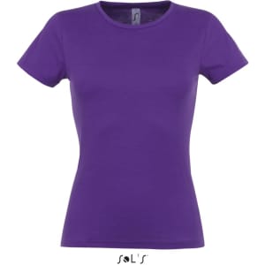 A women's fitted T-shirt in purple, made of 100% semi-combed ring-spun cotton, featuring branding.