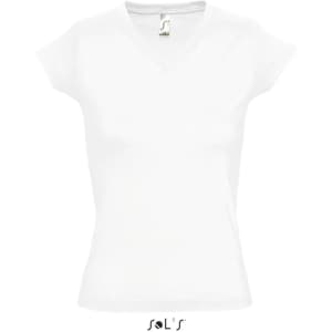 A fitted women's deep V-neck T-shirt in white with a logo on the label.