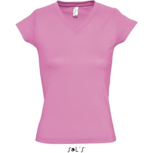 A pink women's deep V-neck fitted T-shirt with short sleeves and a logo at the bottom.
