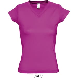 A fitted women's deep V-neck T-shirt in vibrant magenta, featuring a logo at the bottom.