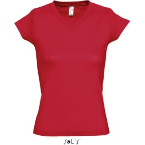 A red women's fitted deep V-neck T-shirt with short sleeves and a brand logo.