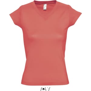A fitted women's deep V-neck T-shirt in coral, featuring short sleeves and a logo at the bottom.