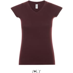 A fitted women's deep V-neck T-shirt in a rich burgundy colour with short sleeves and a brand logo.