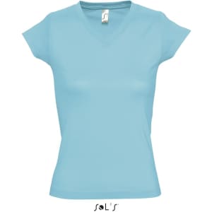 A women's deep V-neck fitted T-shirt in light blue, featuring short sleeves and a logo on the label.