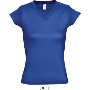 A deep V-neck women's fitted T-shirt in blue, featuring a logo on the label.