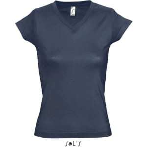 A fitted women's deep V-neck T-shirt in navy blue with a logo on the label.