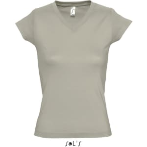 A women's fitted deep V-neck T-shirt in a soft grey colour, featuring a label and a brand logo.