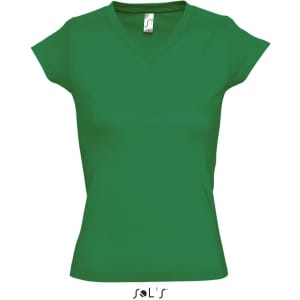 A green women's deep V-neck fitted T-shirt with short sleeves, featuring a logo on the label.