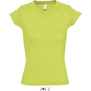A women's deep V-neck fitted T-shirt in bright lime green, featuring a logo on the label.