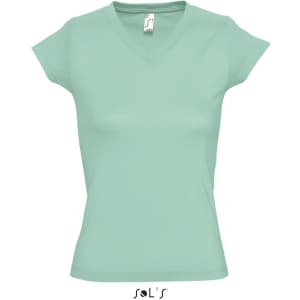 A women's deep V-neck fitted T-shirt in a soft mint green colour, featuring a logo at the bottom.