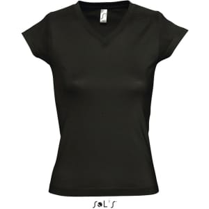 A fitted women's deep V-neck T-shirt in black, featuring short sleeves and a branded label.