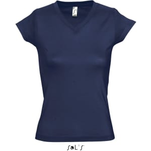 A women's deep V-neck fitted T-shirt in navy blue, featuring short sleeves and a brand logo.