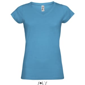 A women's deep V-neck fitted T-shirt in a bright blue colour, featuring a logo at the neckline.