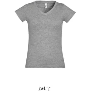 A women's deep V-neck fitted T-shirt in grey, featuring a logo at the bottom.