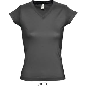 A fitted women's deep V-neck T-shirt in dark grey, featuring a brand logo on the label.