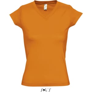 An orange women's deep V-neck fitted T-shirt, featuring short sleeves and a logo at the bottom.