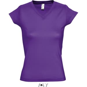 A fitted women's deep V-neck T-shirt in vibrant purple, featuring a logo at the bottom.