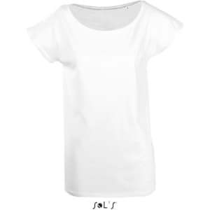 A white women's T-shirt with a low neckline and kimono sleeves, featuring a silky touch.