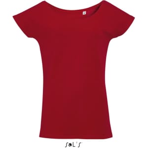 A red women's T-shirt with a low neckline and kimono sleeves, featuring a silky touch and logo branding.