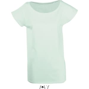 A light green women's t-shirt with a low neckline and kimono sleeves, featuring a silky touch and a logo.