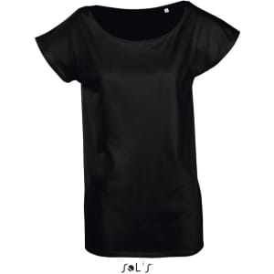 A black women's T-shirt with a low neckline and kimono sleeves, featuring a silky touch and a logo.