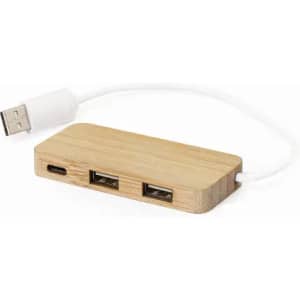 A USB hub made of bamboo with two standard USB ports and one USB-C port, featuring a white cable.
