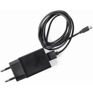A black USB charger with a cable attached, featuring two prongs for plugging into a power outlet.