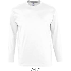 A white long sleeve T-shirt with ribless cuffs made from 100% semi-combed ring spun cotton, featuring a logo.