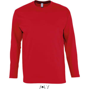 A red long sleeve T-shirt with ribless cuffs made from 100% semi-combed ring-spun cotton. Features a logo.