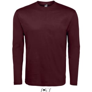 A long-sleeve men's T-shirt in burgundy, featuring ribless cuffs and made from 100% semi-combed ring spun cotton.