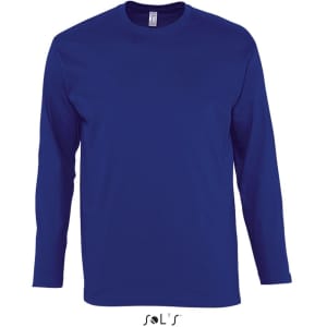 A long sleeve men's T-shirt in navy blue, made from 100% semi-combed ring spun cotton, featuring ribless cuffs and a logo.