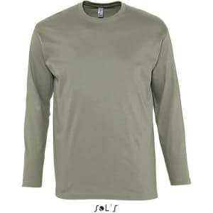 A long-sleeve men's T-shirt in olive green, featuring ribless cuffs and made from 100% semi-combed ring-spun cotton.