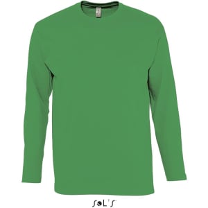 A green long sleeve T-shirt with ribless cuffs, made of 100% semi-combed ring spun cotton. It features a branding logo.