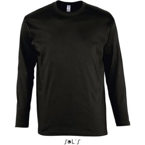 A long sleeve black T-shirt with ribless cuffs made from 100% semi combed ring spun cotton and featuring a logo.