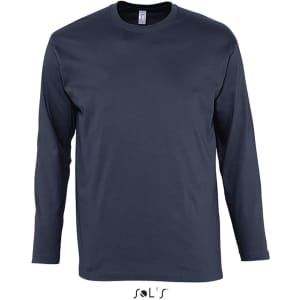 A long sleeve men's T-shirt in navy blue with ribless cuffs, made from 100% semi-combed ring spun cotton.