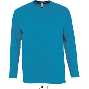 A long sleeve men's T-shirt in vibrant turquoise, featuring ribless cuffs and made from 100% semi-combed ring spun cotton.